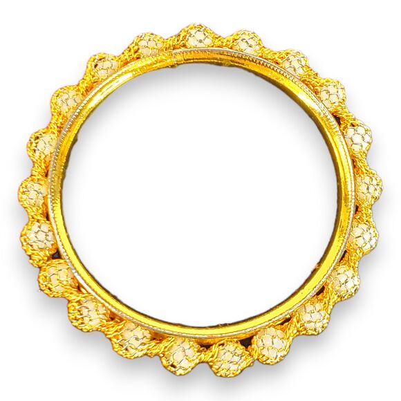 Gold Tone Blingy Bangle Bracelet w/ White Beads Basket Weave Indian Style 2" Dia - Picture 2 of 11